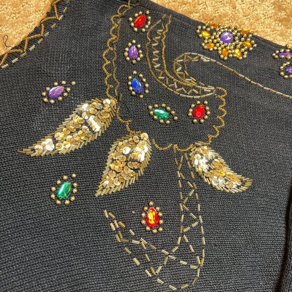 VTG 80/90s Sequin Sweater SZ M Metallic Embroidered Granny Black Paisley Dolman - Picture 3 of 13